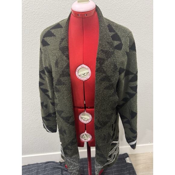 Frye Aztec Frye Cardigan Olive Green Black Open Front Knit Duster Sweater - Picture 2 of 8